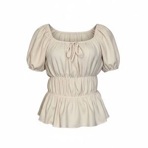 Free Kisses Women's Sexy Beige Short Puff Sleeve Ruched Top Soft Blouse